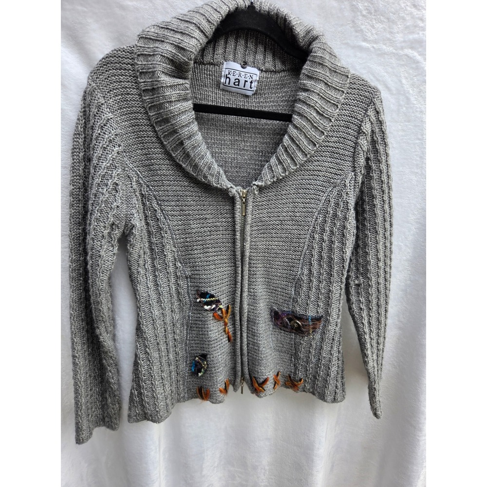 Keren Hart Zip Cardigan Women M Grey Art to Wear Mixed Media Knit Embroider4